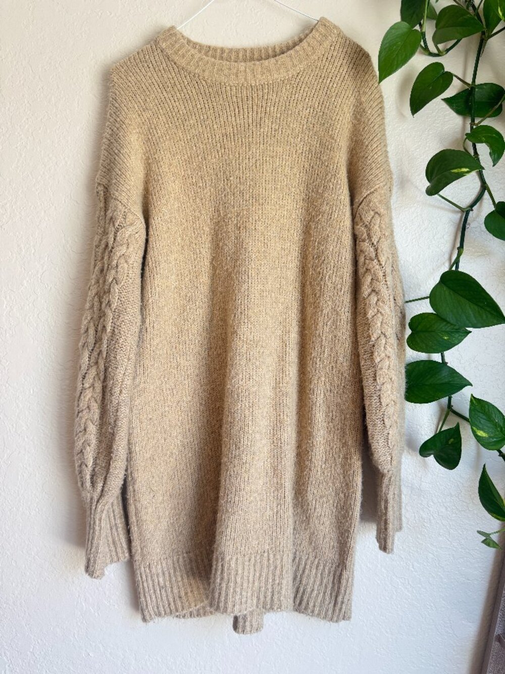 A New Day Beige Sweater Dress Medium Cable Knit Sleeve Oversized Tunic Midi
